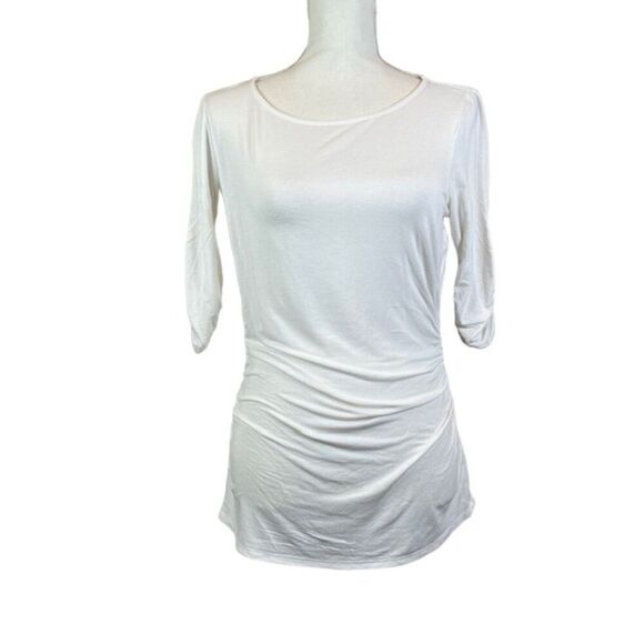 BLACK Label Saks Fifth Avenue 1/2 Sleeve Ruched White Scoop Neck Size Medium - Picture 2 of 9